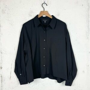 Athleta Black Crop Button Down Satin Blouse Top Size XL